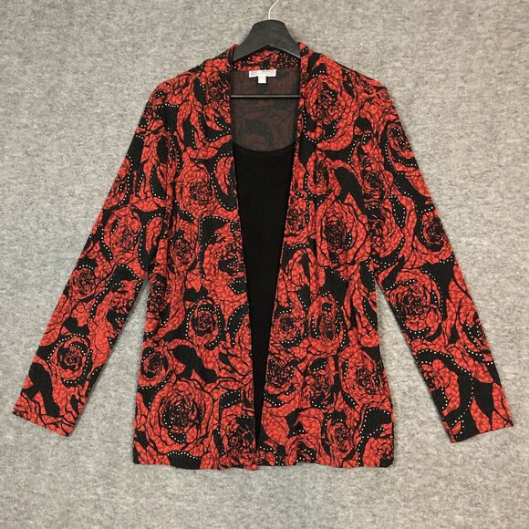 JM Collection Jacket Women M Red Black Cardigan Sparkling Rose Layered Look Top - Picture 1 of 11
